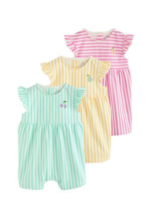 Three striped rompers: mint green with cherry motif, yellow with pear motif, and pink with pineapple motif. Ruffled sleeves, soft cotton material.