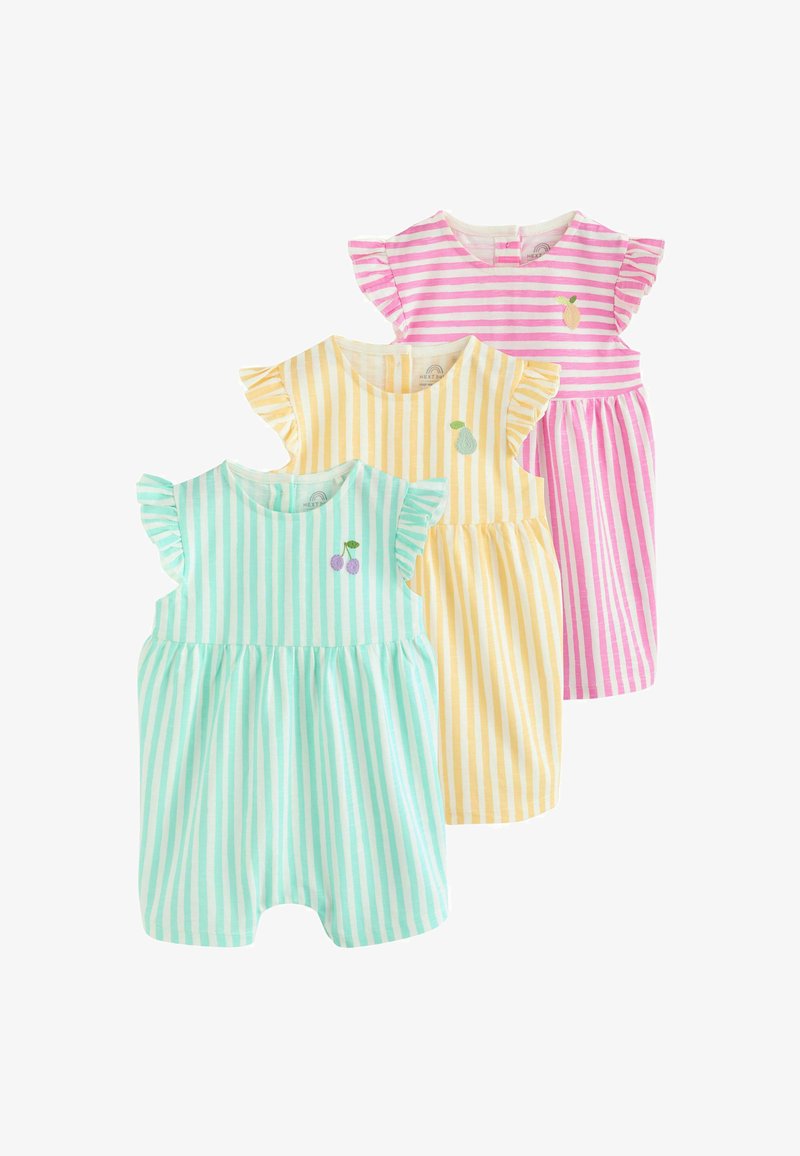 Tres monos a rayas: verde menta con motivo de cereza, amarillo con motivo de pera y rosa con motivo de piña. Mangas con volantes, material de algodón suave.