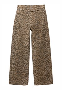Pantalon à jambes larges imprimé léopard en marron et beige. Matière en coton avec taille à cordon et poches avant. Texture lisse, design décontracté.