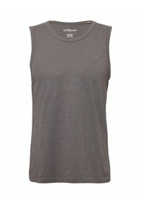 Graues ärmelloses T-Shirt aus weichem Stoff, mit Rundhalsausschnitt und dezentem Logo auf der Brust. Sanfte Textur mit lässiger Passform.