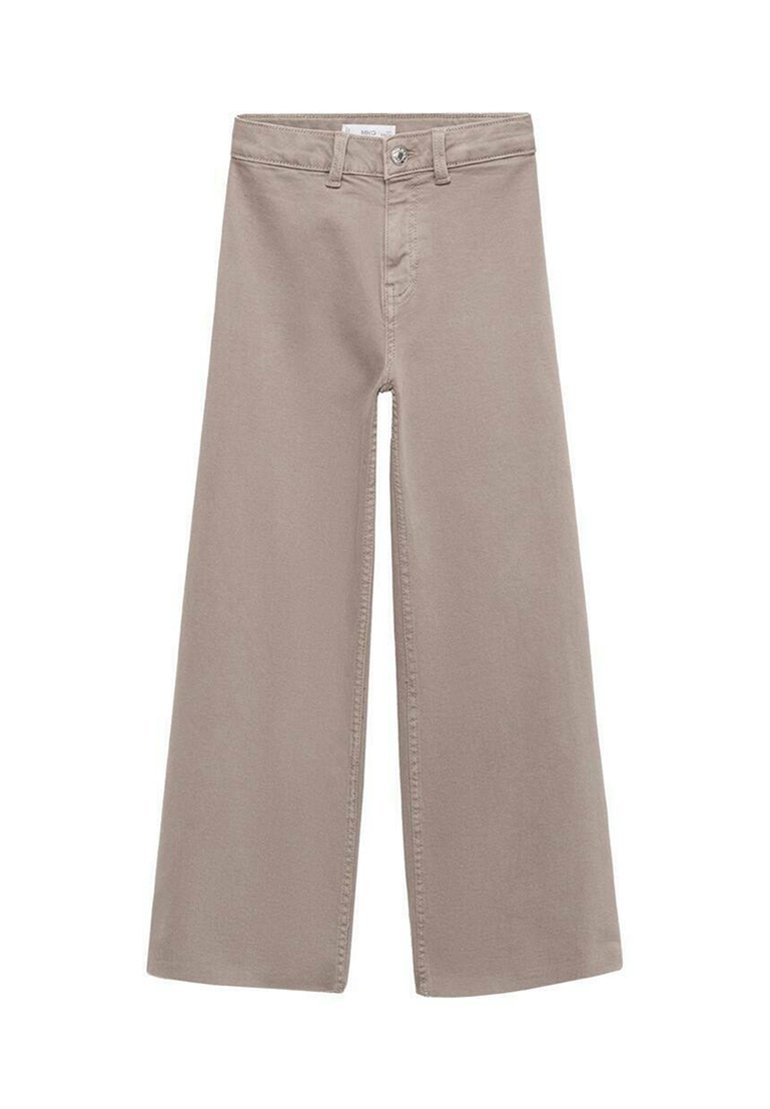 Hlače širokih nogavic v umirjeni taupe barvi, narejene iz bombažnega blaga, z gumbom za zapiranje, zankami za pas in neatom obrobami vzdolž šivov.