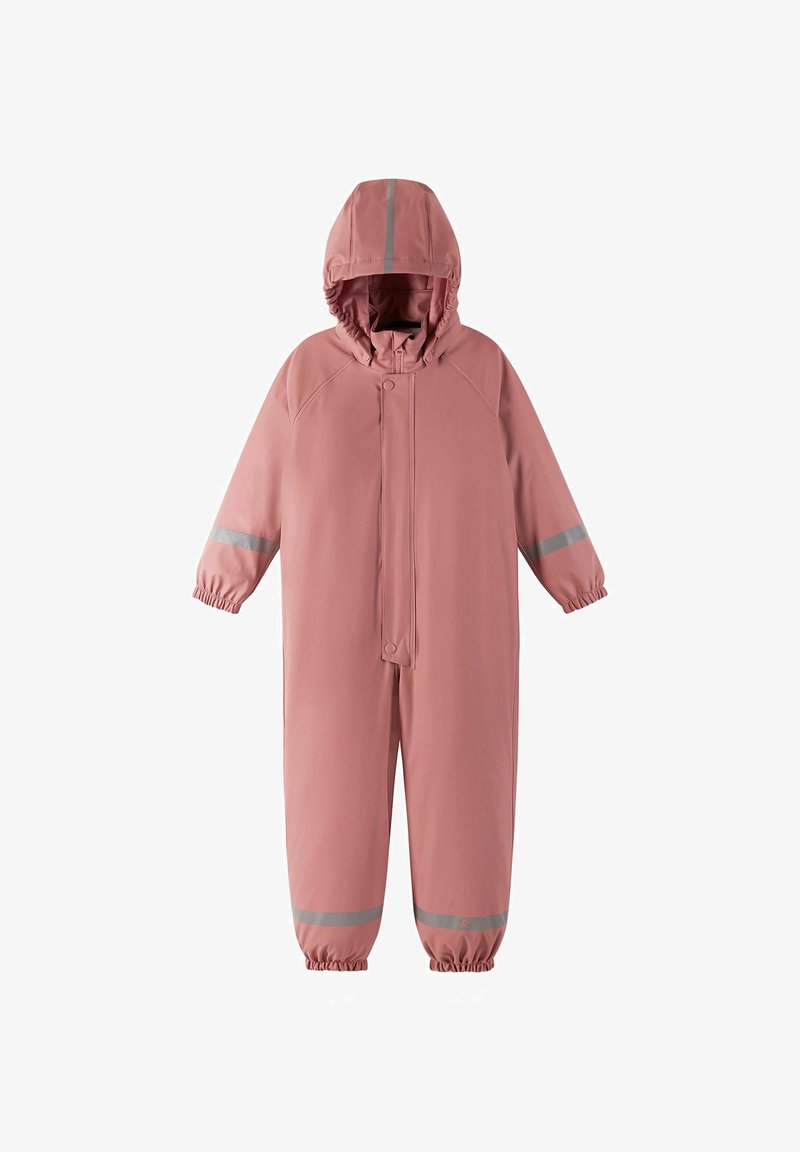 Pink waterproof one-piece suit with a hood, elastic wrist and ankle cuffs, and reflective strips on sleeves and legs. Smooth texture.