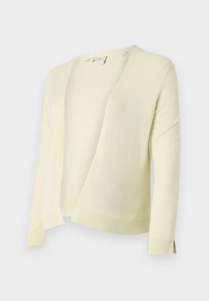 Cardigan a maglia giallo chiaro con scollo a V, apertura frontale e maniche lunghe. Presenta orli e polsini a coste per una maggiore texture. Materiale morbido.