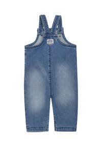 Peuter-maat blauwe spijkeroveralls met verstelbare schouderbanden en een kleine voorpatch met de tekst "Goede Dag voor Goede Mensen."