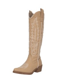 Botas de cuero color marrón claro hasta la rodilla con patrones bordados en blanco y un tacón bajo y apilado, con punta afilada y tiradores para facilitar su uso.