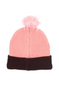Gorro de punto con textura de canalé. Parte superior en rosa claro y parte inferior en marrón oscuro. Presenta un pompón rosado y esponjoso en la parte superior.