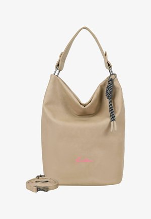 Beige leren hobo-tas met een nonchalant ontwerp, zilverkleurige hardware en een decoratieve gevlochten kwast. Inclusief een afneembare schouderriem.