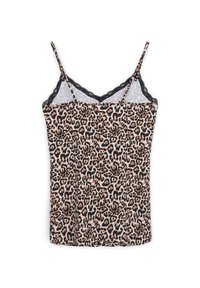 Top con spalline a spaghetti in stampa leopardata, caratterizzato da un bordo in pizzo nero lungo lo scollo, realizzato in un tessuto morbido e con un design aderente.