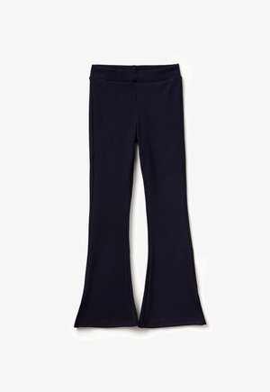 Granatowe legginsy dzwonowate z elastycznego materiału, z gładkim paskiem w talii i prążkowaną teksturą na powierzchni.