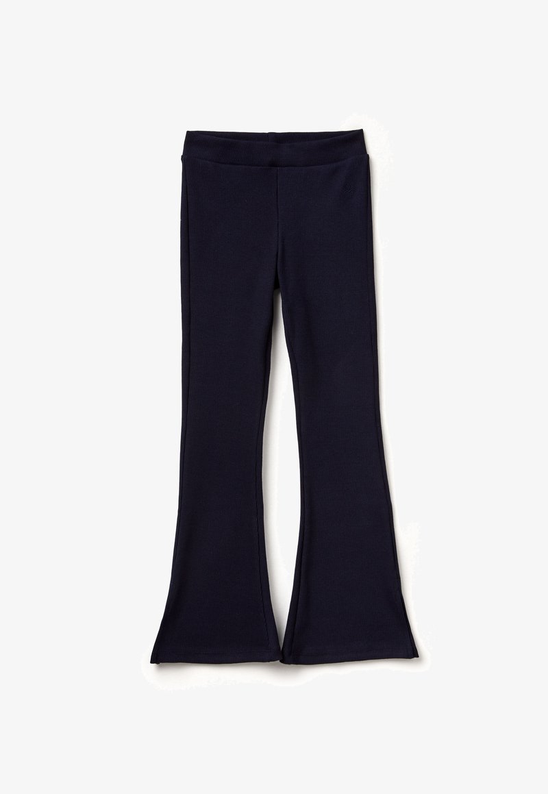 Leggings acampanados de color azul marino hechos de tejido elástico, con una cinturilla suave y una textura acanalada en la superficie.