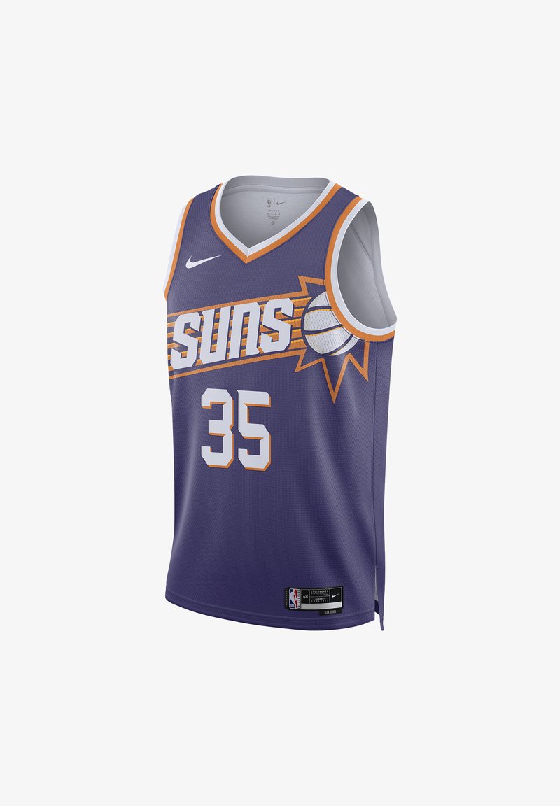 Maglia da basket viola con scritte in bianco e arancione "Suns", numero 35 e una grafica di un pallone da basket. Presenta un collo arrotondato e un tessuto ventilato.