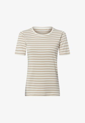 Beżowo-biały, poziomo paskowany t-shirt z krótkim rękawem i okrągłym dekoltem na białym tle.