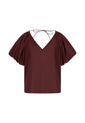 Donkerbruine V-hals blouse met brede pofmouwen en dunne striklintjes aan de achterkant van de halslijn, afgebeeld op een witte achtergrond.