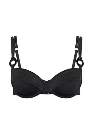 Black bra with padded cups and underwire. Features adjustable straps and a hook-and-eye closure. Smooth fabric with a matte finish.