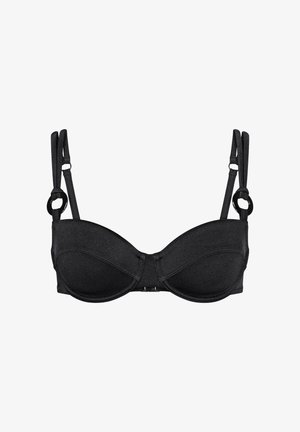 Black bra with padded cups and underwire. Features adjustable straps and a hook-and-eye closure. Smooth fabric with a matte finish.