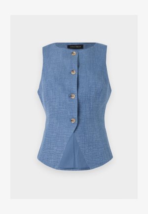 Varrukateta sinine tekstuuriga vest ümara lõikega kaelusega, ees neli beeži nuppu ning servaosas veidi lehvikukujuline lõige.