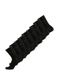 Zehn Paare schwarze Socken aus einem glatten, dehnbaren Material. Jede Socke hat ein einfaches Design und ein kleines Logo an der Seite.