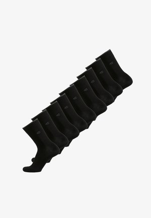 Ten pairs of black socks made from a smooth, stretchy material. Each sock features a simple design and a small logo on the side.