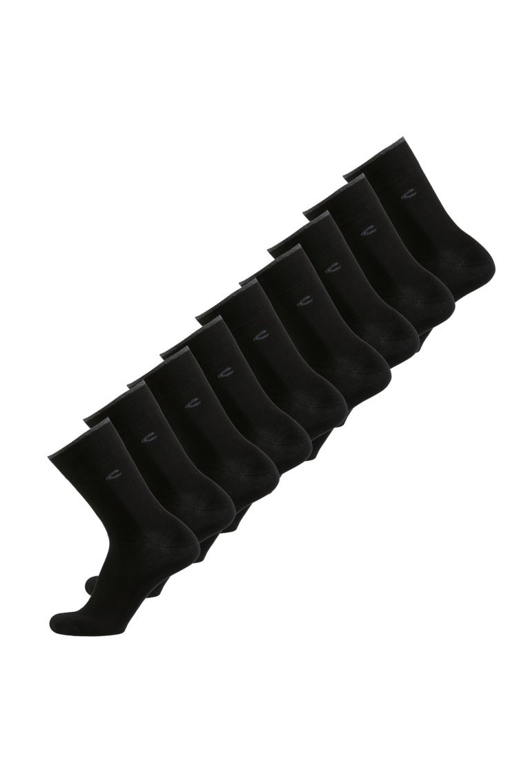Zehn Paare schwarze Socken aus einem glatten, dehnbaren Material. Jede Socke hat ein einfaches Design und ein kleines Logo an der Seite.