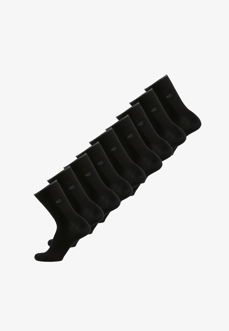 Zehn Paare schwarze Socken aus einem glatten, dehnbaren Material. Jede Socke hat ein einfaches Design und ein kleines Logo an der Seite.