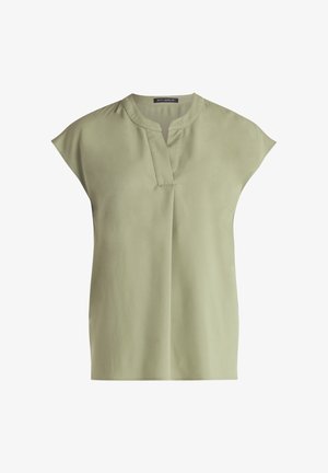 Helles grünes Blusenshirt mit Rundhalsausschnitt, kurzen Ärmeln und einem dezenten vertikalen Fältchen an der Vorderseite. Glatte Stoffqualität und lockere Passform.