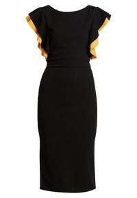 Robe noire ajustée avec des accents de volants jaunes sur les manches, dotée d'un col rond et d'une texture lisse. Design mi-long.