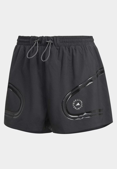 Pantaloni sportivi neri con vita elasticizzata, cordino anteriore, motivi lucidi e dettaglio del logo sul lato sinistro.