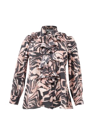 Langarm blouse met knoopsluiting in een abstract dierenpatroon van roze, zwart en crèmekleur, met gelaagde ruches aan de voorkant.