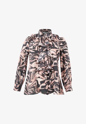 Langærmet skjorte med knapper i pink, sort og creme abstrakt dyremønster og lagdelt flæse detalje foran.