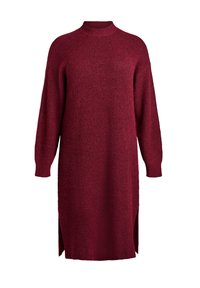 Burgunderfarbene Strickkleid mit hohem Ausschnitt, langen Ärmeln und seitlichen Schlitz. Strukturierter Stoff mit lockerer Passform.