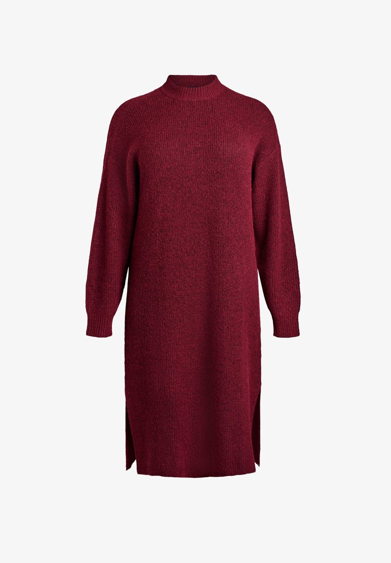 Vestido de punto burdeos con cuello alto, mangas largas y aberturas laterales. Tejido texturizado con un corte relajado.