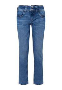 Blaue Jeans aus Denim mit geradem Bein, zwei Knopfverschluss, fünf Taschen und einer leichten Ausbleichung des Stoffes für einen abgetragenen Look.