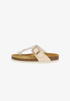 Beige Flip-Flop-Sandale mit glänzendem Riemen, verstellbarem Metallverschluss, Korkfußbett und strukturiertem Außensohlenprofil für besseren Halt. Flaches Design.