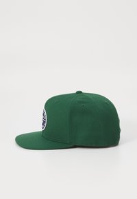 Green snapback cap made of textured fabric, featuring a circular patch with a logo on the front and a flat brim.