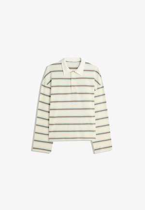 Polo z długim rękawem w kremowym kolorze z poziomymi paskami w brązowym i jasnoniebieskim. Wyposażony w klasyczny kołnierzyk i zapięcie na trzy guziki.