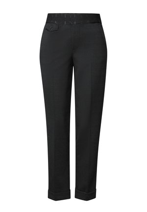 Black tailored trousers with a check pattern, featuring a flat waistband, side pockets, and cuffed hems for a structured fit.