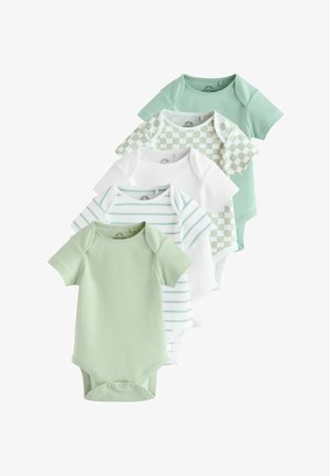 Viis lühikeste varrukatega beebibodi rohelistes, valgetes, triibulistes ja ruudulistes mustrites, asetatud valgel taustal kattuvate kihtidena.