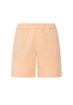 Pantaloncini da uomo di colore arancione chiaro con vita elasticizzata, lunghezza fino a metà coscia e design semplice, mostrati su sfondo bianco.