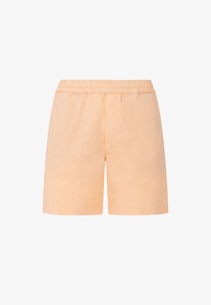 Helle orangefarbene Herren-Shorts mit elastischem Bund, mittlerer Oberschenkellänge und schlichtem Design, vor weißem Hintergrund gezeigt.