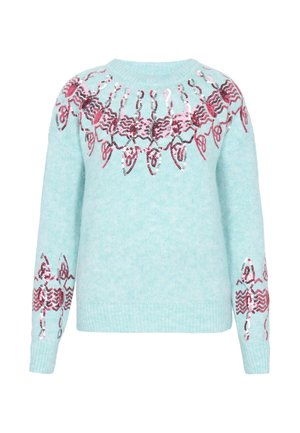 Lyseblå strikket sweater med mønster af pink og røde paljetkrabber over brystet og ærmerne, med rund halsudskæring og ribbede manchetter.