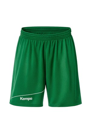 Shorts de sport en maille verte avec ceinture élastique et logo blanc Kempa sur la partie inférieure de la jambe gauche.