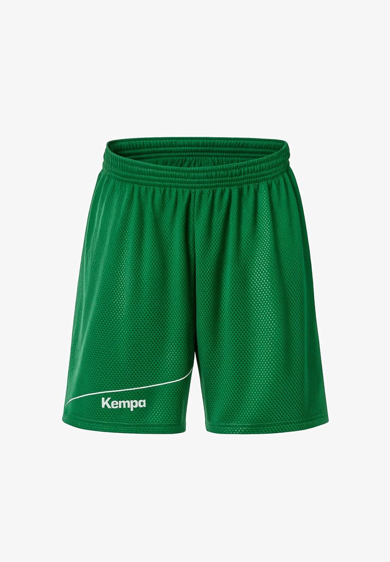 Shorts de sport en maille verte avec ceinture élastique et logo blanc Kempa sur la partie inférieure de la jambe gauche.