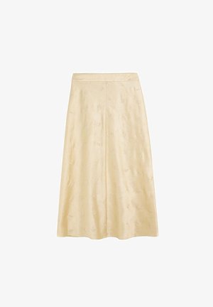 Falda midi beige en línea A con sutil patrón floral bordado, cintura y costura central, mostrada sobre fondo blanco.