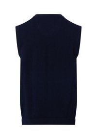 Granatowy bezrękawnik z dzianiny, z okrągłym dekoltem, prążkowanym wykończeniem i gładką fakturą. Widok z tyłu podkreśla prosty design.