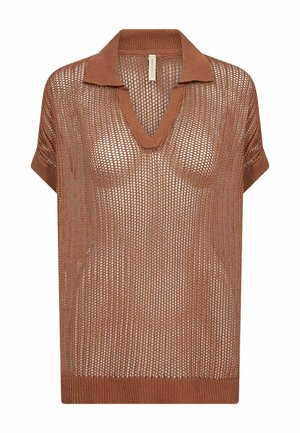 Brun kortermet mesh strikke genser med V-hals og ribbekanter, laget av åpenvevet stoff.