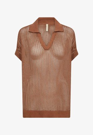 Maglione marrone a maniche corte in maglia a rete con collo a V e bordi a coste, realizzato in tessuto a trama aperta.