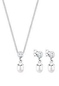 Sølv kæd necklace med en klar krystal over en perledrop. Matchende perledrop øreringe med klare krystaller på en sølvbase.