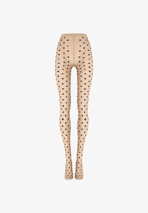 Beige strømpebukser med sort blomsterprikket mønster, glat tekstur og fuld længde design. Har en behagelig taljebånd og sømløs konstruktion.