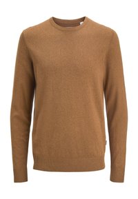 Pruun kampsun, millel on pikad varrukad, soonilised mansetid ja alumine äär ning ümara kaelusega kaelus. Valmistatud pehmest ja siledast kangast, klassikalise lõikega.