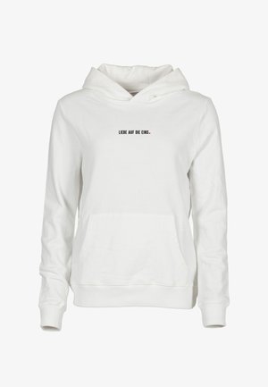 Sweat à capuche blanc avec poche kangourou à l'avant et texte noir "LIEBE AUF DIE EINS." centré sur la poitrine avec un petit point rouge.